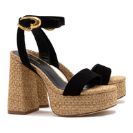 Larroude Dolly Verona Sandal In Black Suede and Natural Raffia