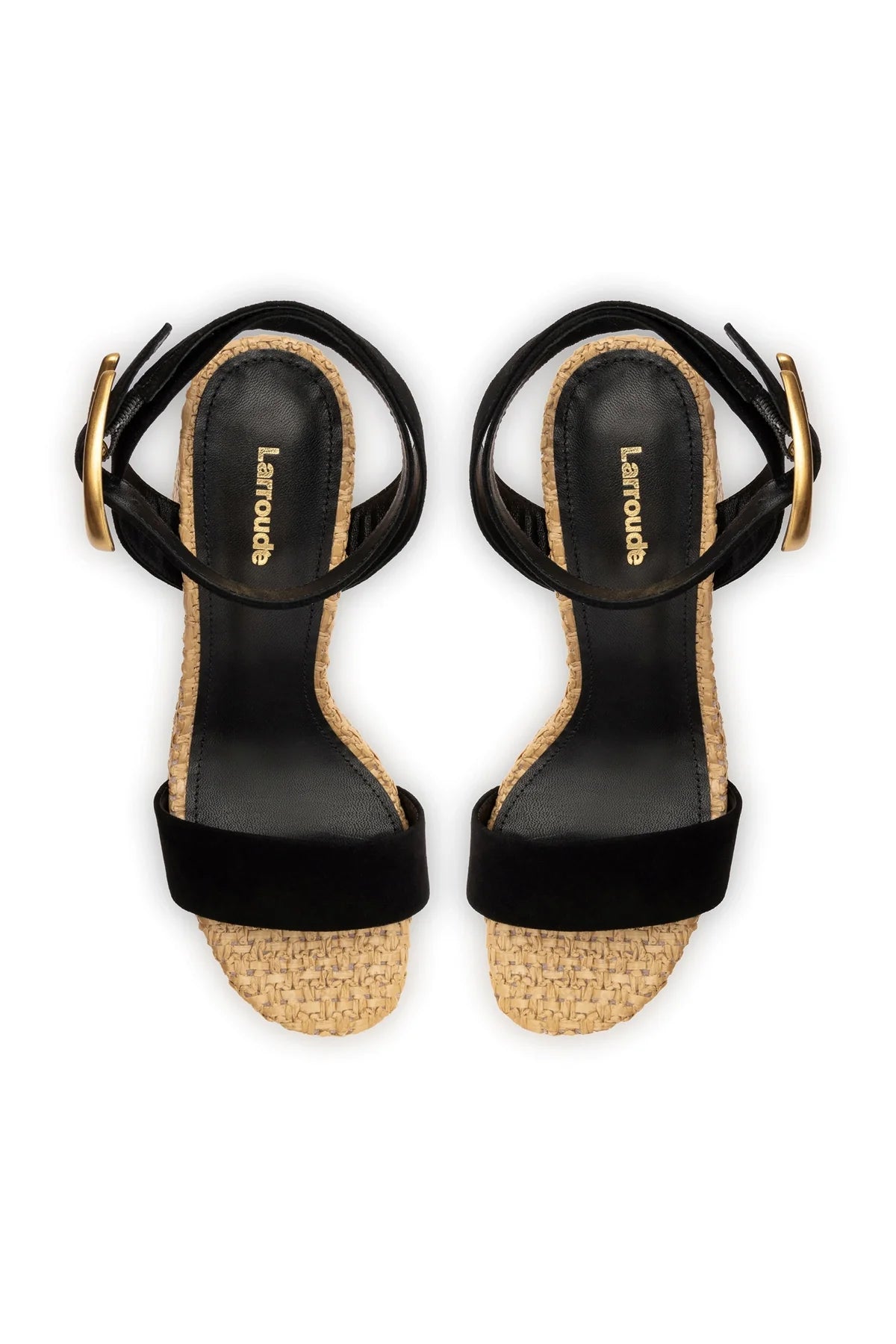 Larroude Dolly Verona Sandal In Black Suede and Natural Raffia