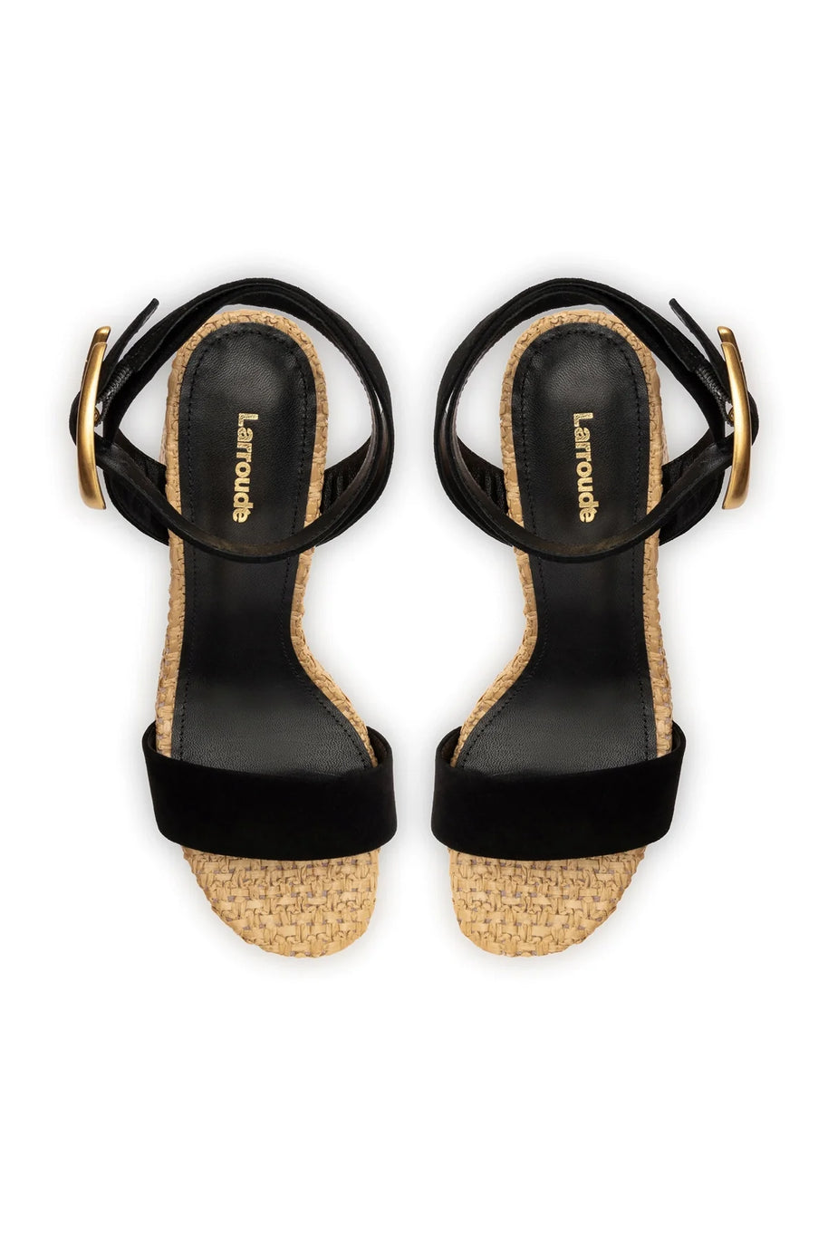 Larroude Dolly Verona Sandal In Black Suede and Natural Raffia