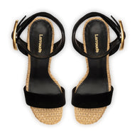 Larroude Dolly Verona Sandal In Black Suede and Natural Raffia