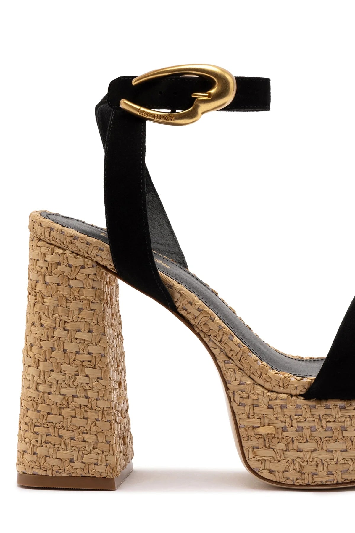 Larroude Dolly Verona Sandal In Black Suede and Natural Raffia