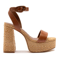 Larroude Dolly Verona Sandal In Caramel Leather and Natural Raffia