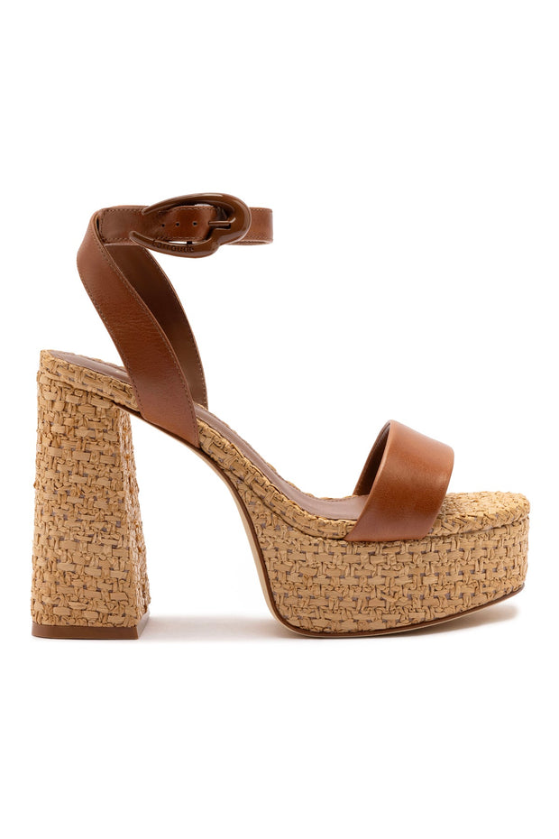 Larroude Dolly Verona Sandal In Caramel Leather and Natural Raffia