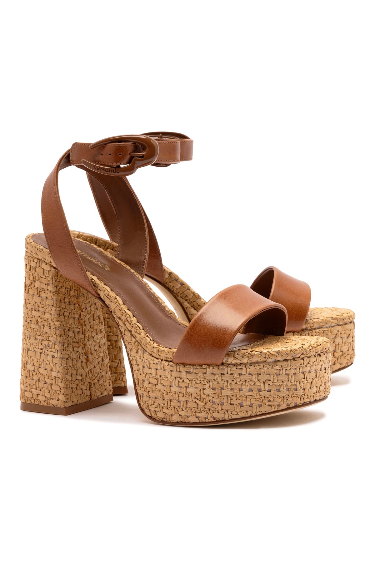 Larroude Dolly Verona Sandal In Caramel Leather and Natural Raffia