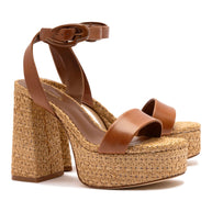 Larroude Dolly Verona Sandal In Caramel Leather and Natural Raffia