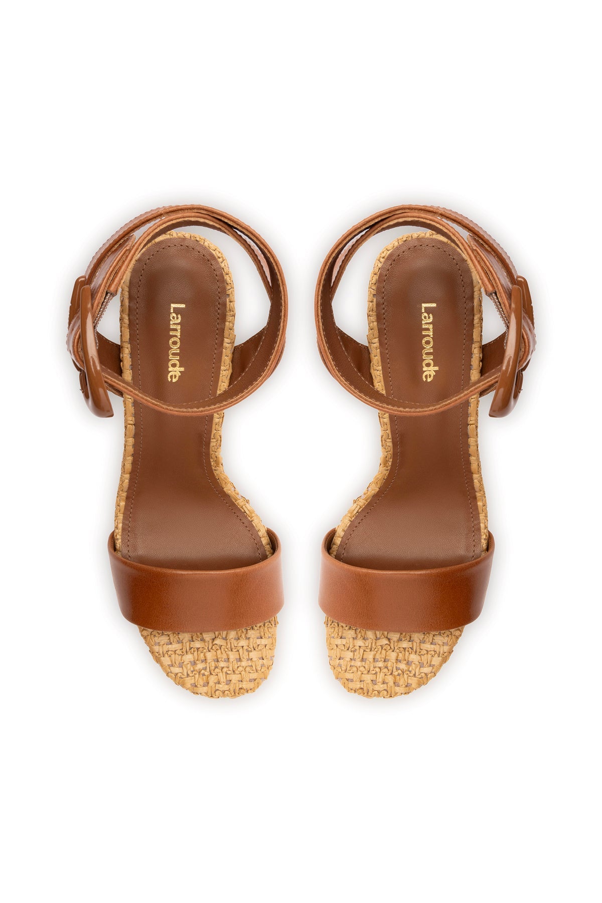 Larroude Dolly Verona Sandal In Caramel Leather and Natural Raffia