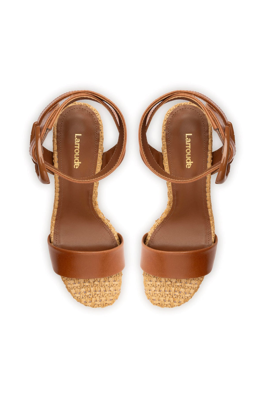 Larroude Dolly Verona Sandal In Caramel Leather and Natural Raffia