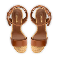 Larroude Dolly Verona Sandal In Caramel Leather and Natural Raffia