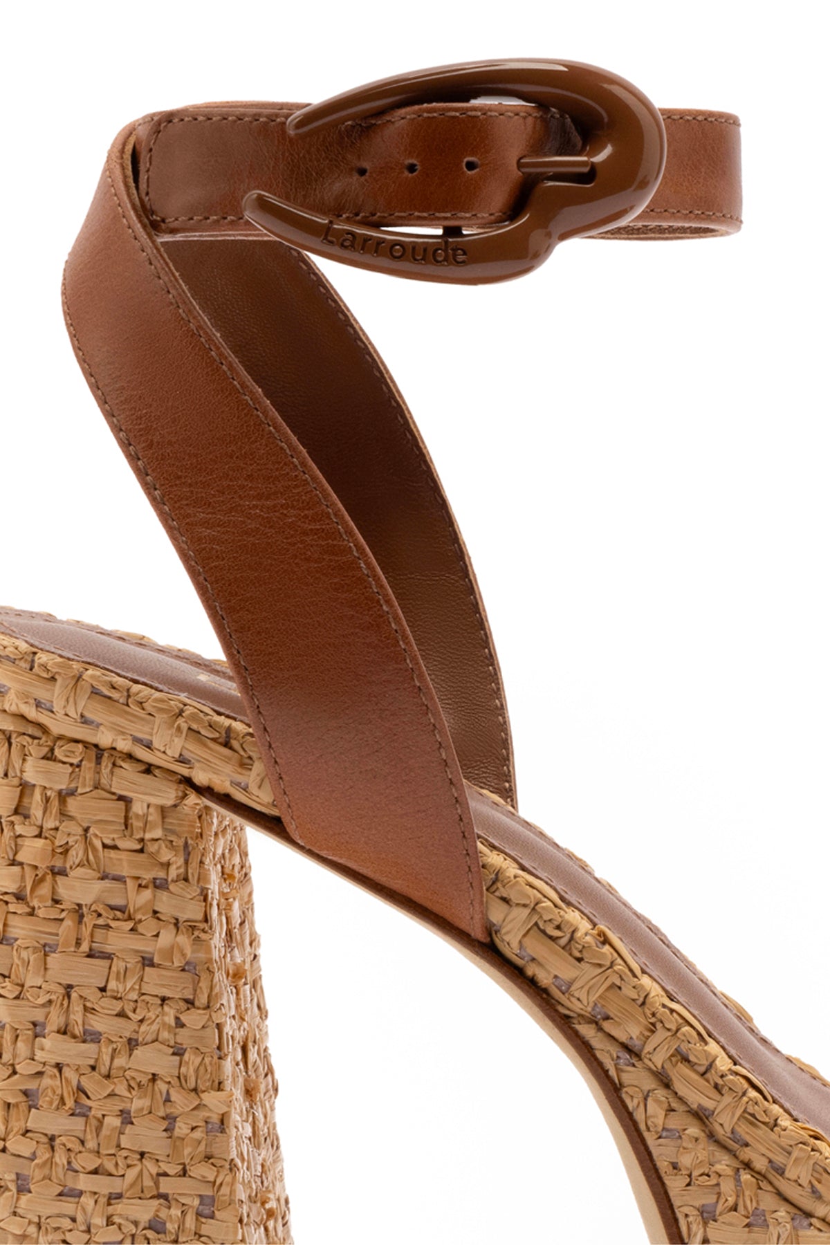 Larroude Dolly Verona Sandal In Caramel Leather and Natural Raffia