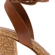 Larroude Dolly Verona Sandal In Caramel Leather and Natural Raffia