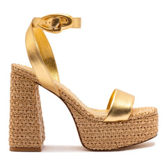 Larroude Dolly Verona Sandal In Gold Metallic Leather and Natural Raffia