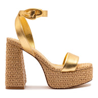 Larroude Dolly Verona Sandal In Gold Metallic Leather and Natural Raffia