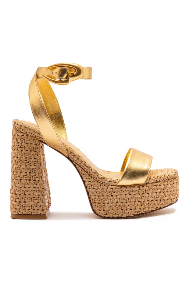 Larroude Dolly Verona Sandal In Gold Metallic Leather and Natural Raffia