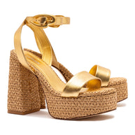 Larroude Dolly Verona Sandal In Gold Metallic Leather and Natural Raffia