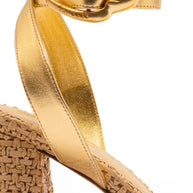 Larroude Dolly Verona Sandal In Gold Metallic Leather and Natural Raffia