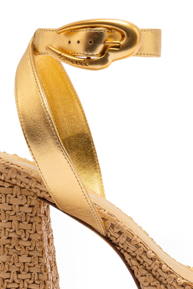 Larroude Dolly Verona Sandal In Gold Metallic Leather and Natural Raffia