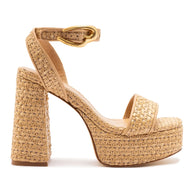 Larroude Dolly Verona Sandal In Beige Leather and Natural Raffia