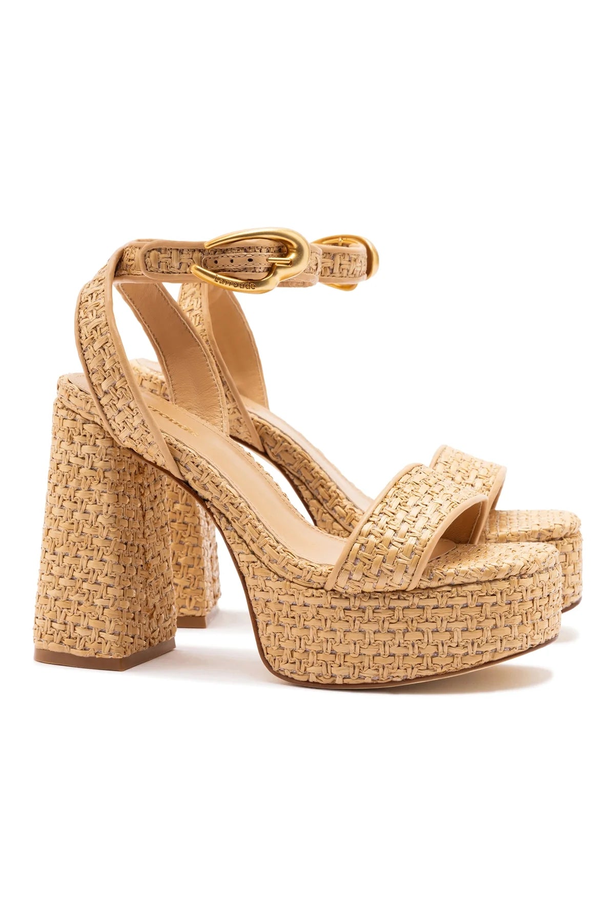 Larroude Dolly Verona Sandal In Beige Leather and Natural Raffia