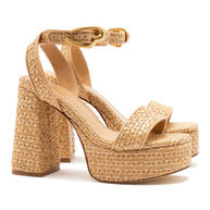 Larroude Dolly Verona Sandal In Beige Leather and Natural Raffia