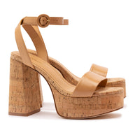 Larroude Dolly Sandal In Tan Leather And Natural Cork