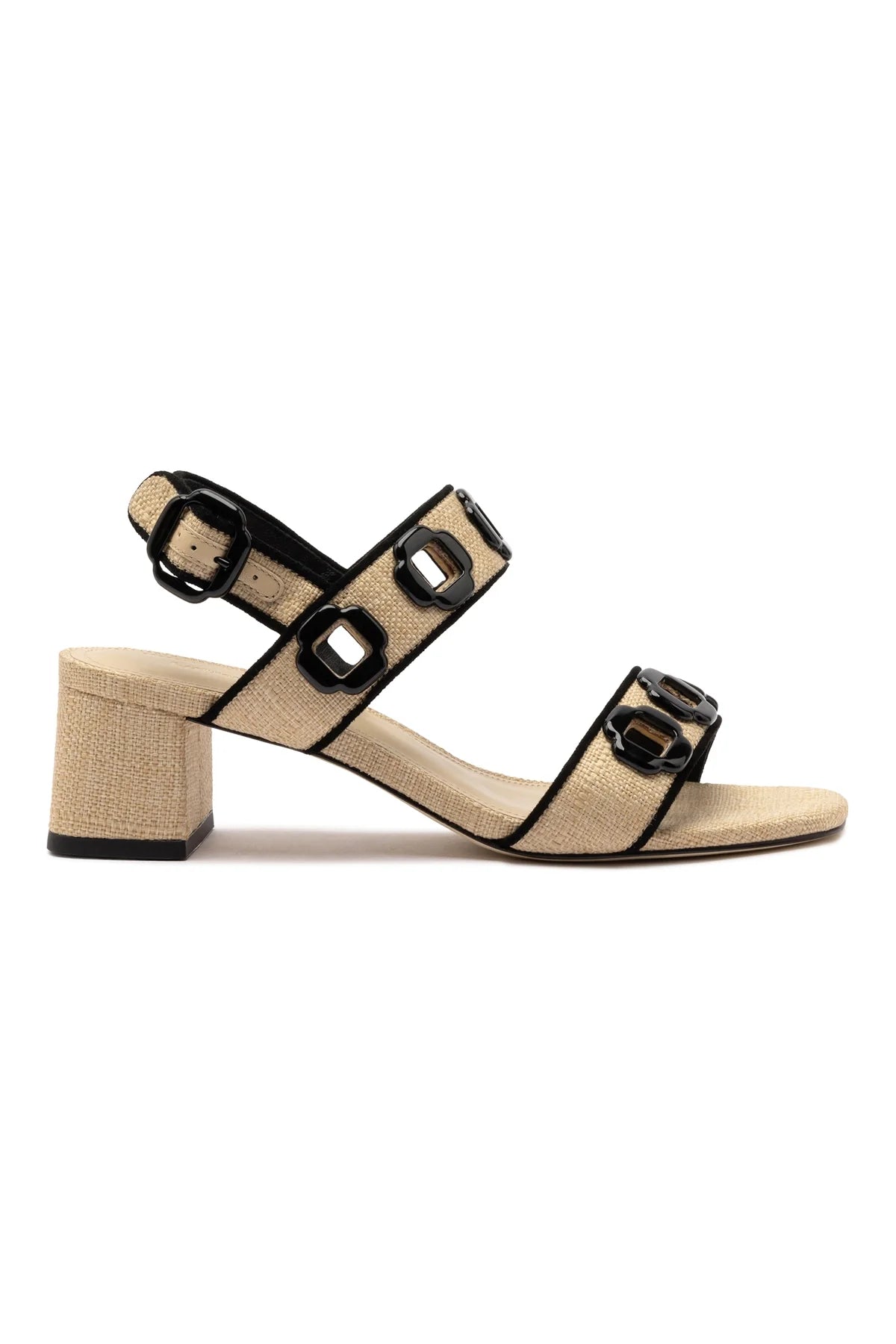 Larroude Milan Sandal In Beige Raffia and Black Trimming