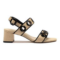 Larroude Milan Sandal In Beige Raffia and Black Trimming