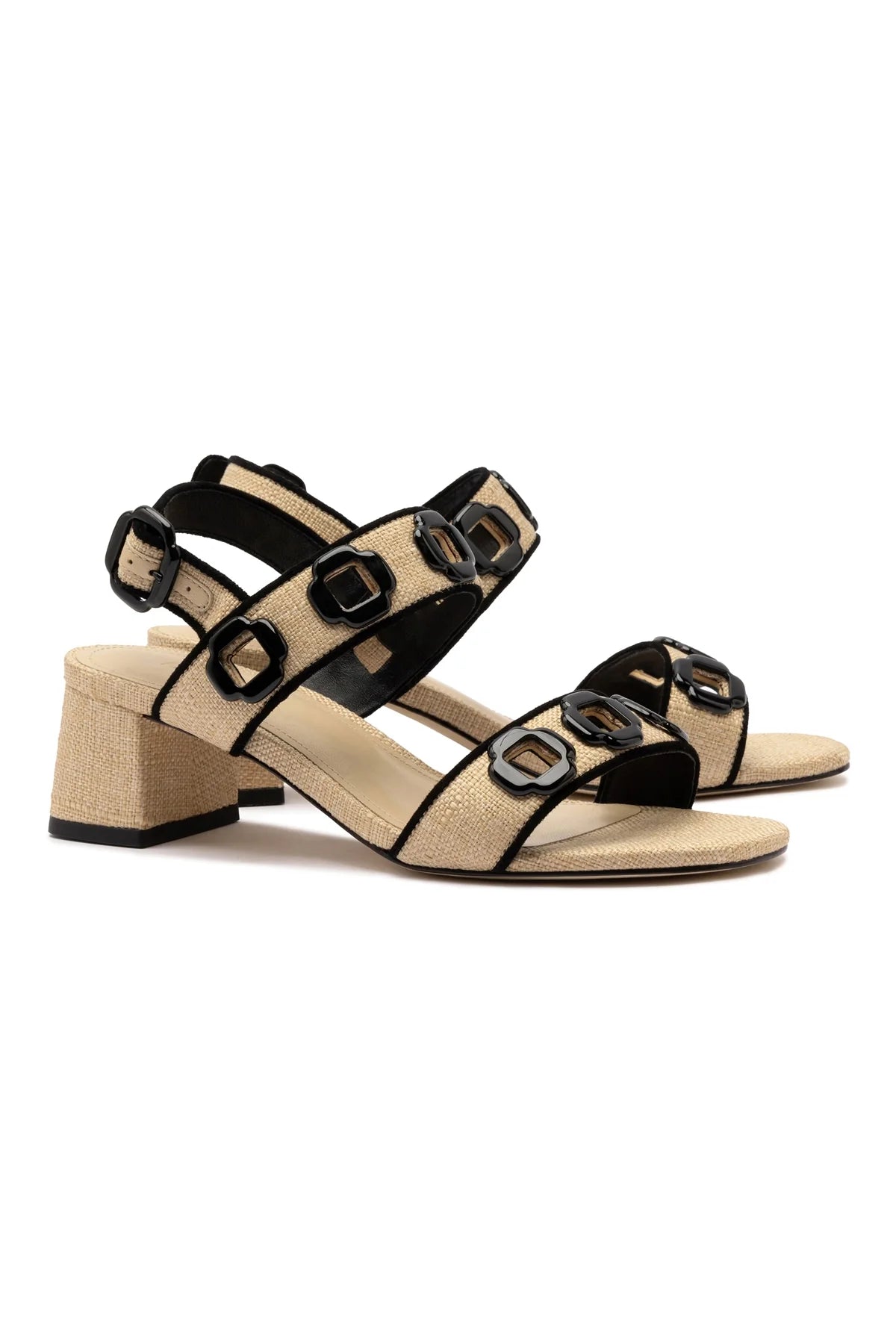 Larroude Milan Sandal In Beige Raffia and Black Trimming