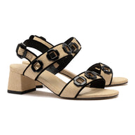 Larroude Milan Sandal In Beige Raffia and Black Trimming
