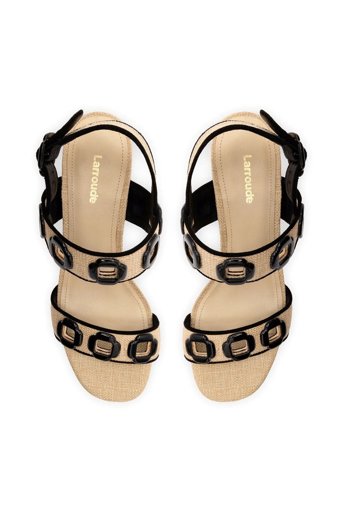 Larroude Milan Sandal In Beige Raffia and Black Trimming
