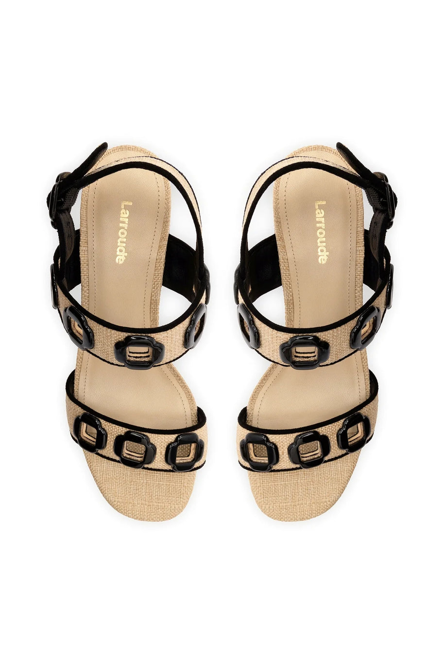 Larroude Milan Sandal In Beige Raffia and Black Trimming