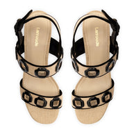 Larroude Milan Sandal In Beige Raffia and Black Trimming