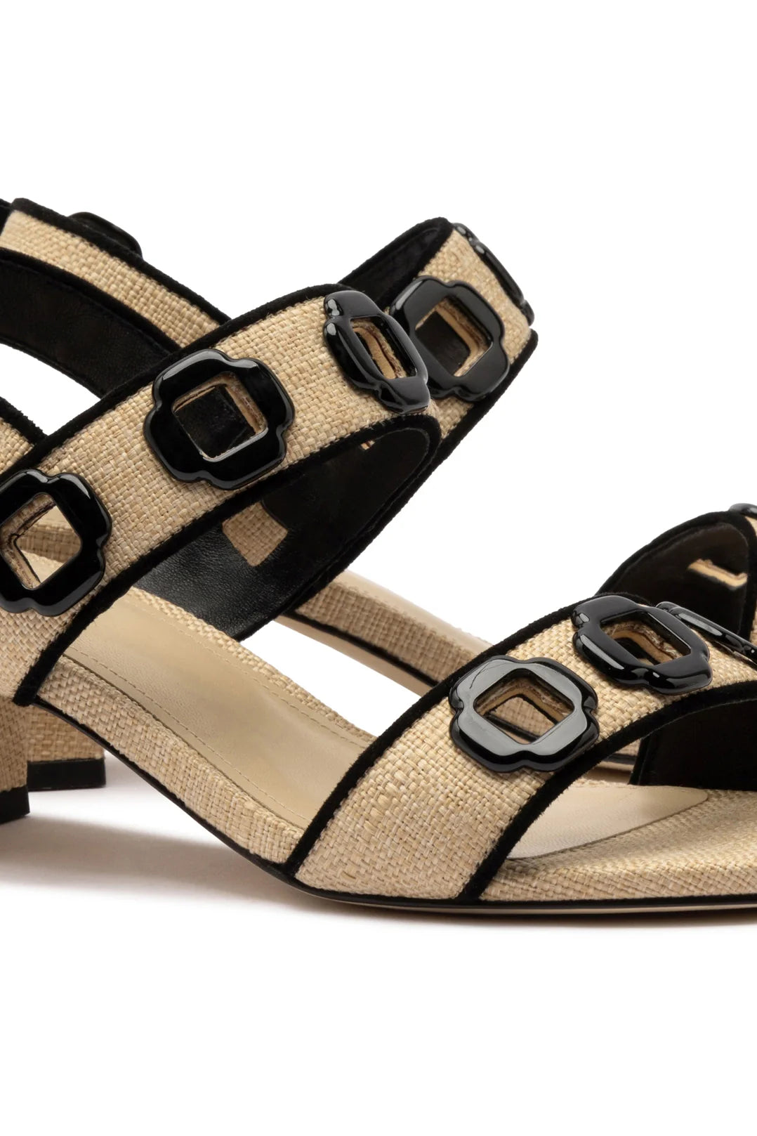 Larroude Milan Sandal In Beige Raffia and Black Trimming