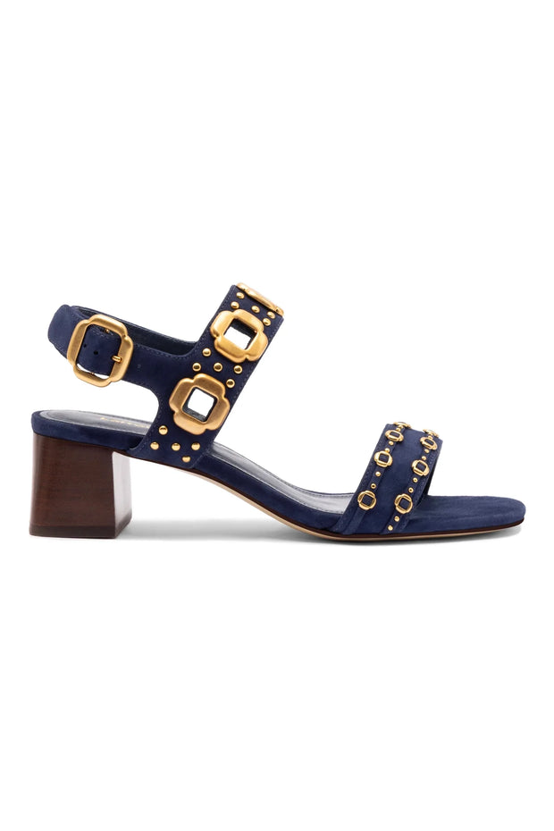 Larroude Milan Studs Block Sandal In Navy Suede