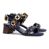 Milan Studs Block Sandal In Navy Suede