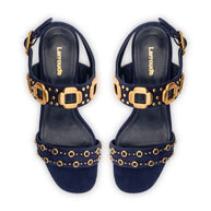 Milan Studs Block Sandal In Navy Suede