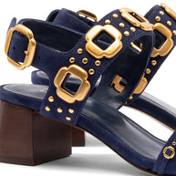 Milan Studs Block Sandal In Navy Suede