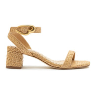 Larroude Verona Block Sandal In Beige Leather And Natural Raffia