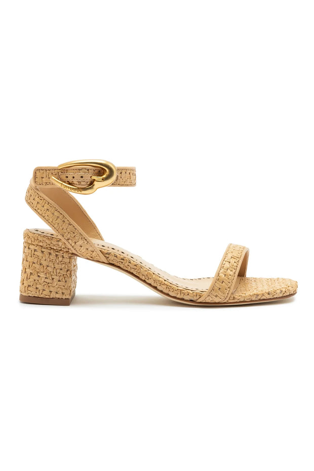 Larroude Verona Block Sandal In Beige Leather And Natural Raffia
