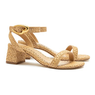 Larroude Verona Block Sandal In Beige Leather And Natural Raffia