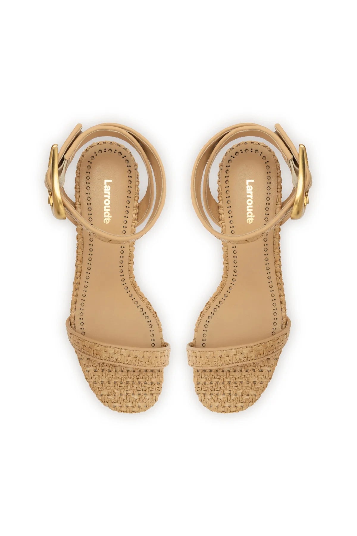 Larroude Verona Block Sandal In Beige Leather And Natural Raffia