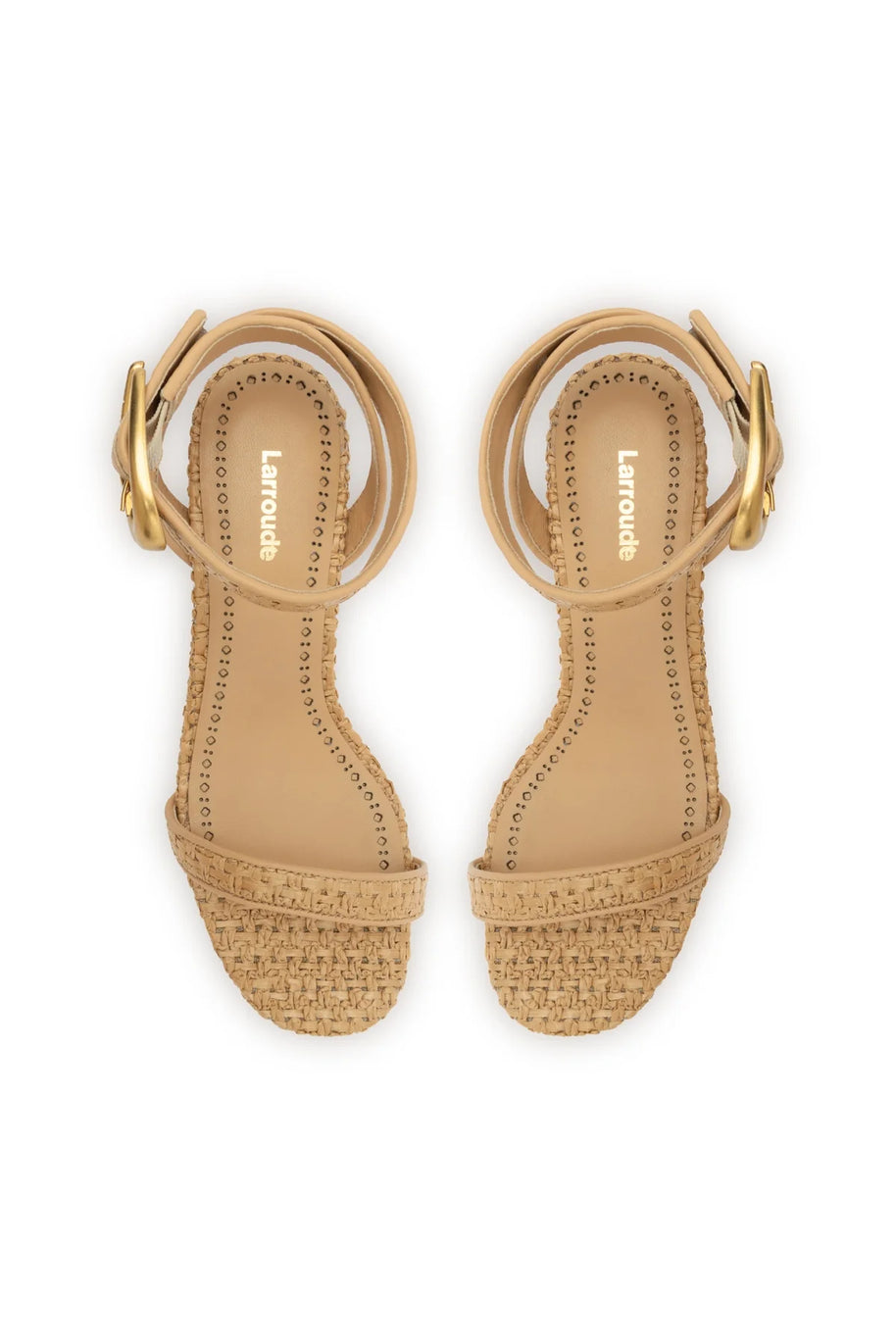 Larroude Verona Block Sandal In Beige Leather And Natural Raffia