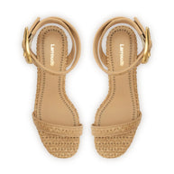 Larroude Verona Block Sandal In Beige Leather And Natural Raffia