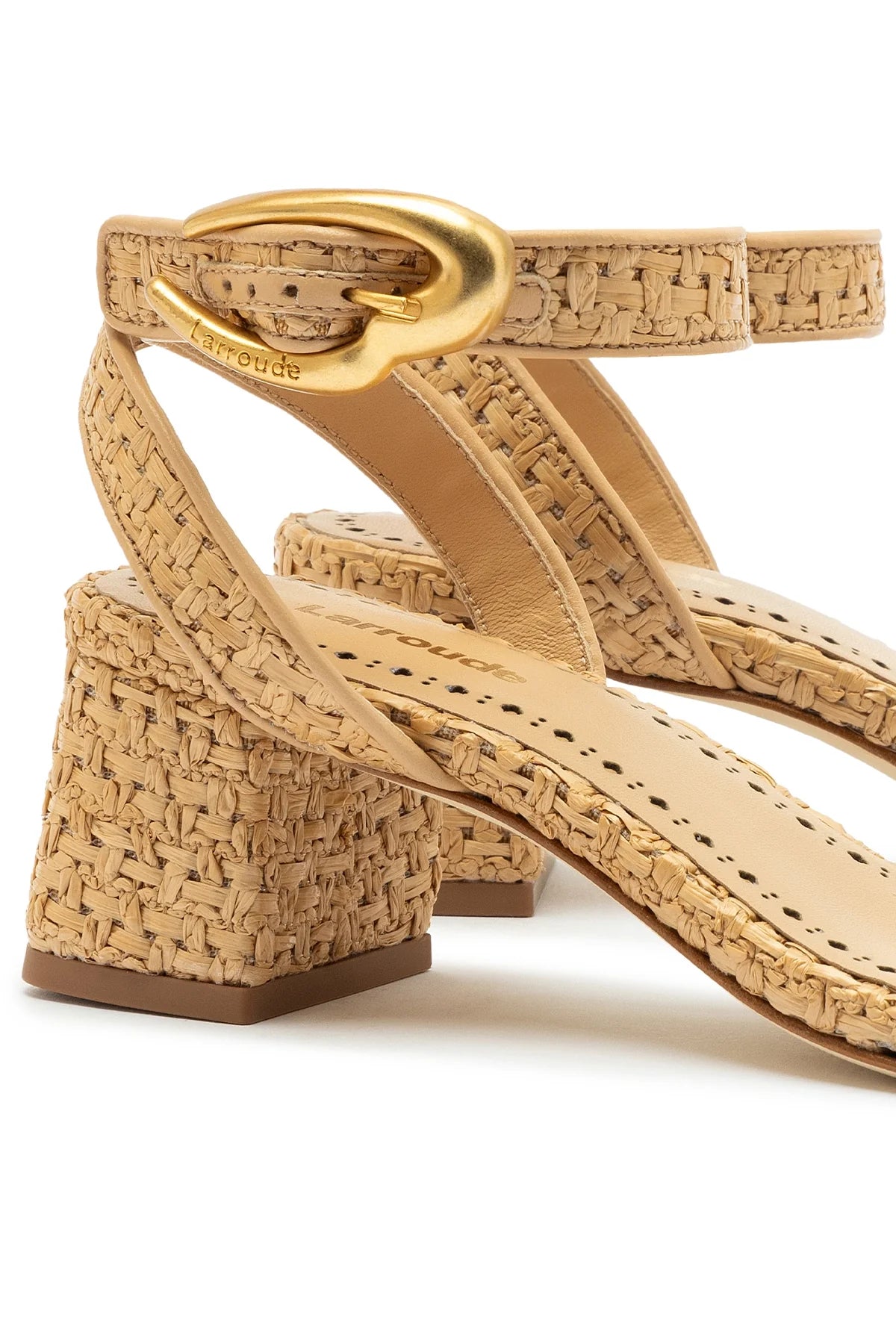Larroude Verona Block Sandal In Beige Leather And Natural Raffia