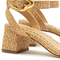 Larroude Verona Block Sandal In Beige Leather And Natural Raffia