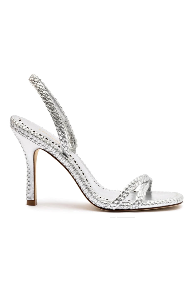 Larroude Annie Sandal In Silver Metallic Leather