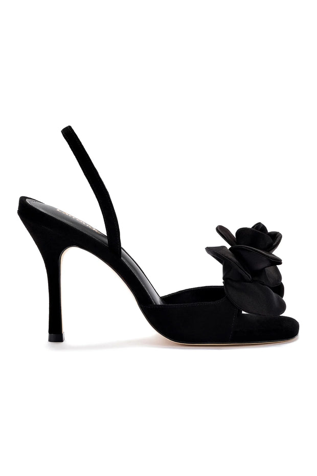 Larroude Salma Sandal In Black Suede and Satin