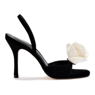 Larroude Salma Sandal In Black Suede and Ivory Satin