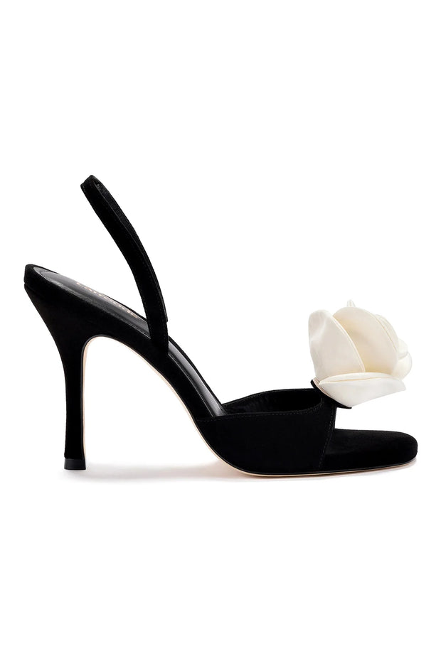 Larroude Salma Sandal In Black Suede and Ivory Satin