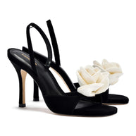 Larroude Salma Sandal In Black Suede and Ivory Satin