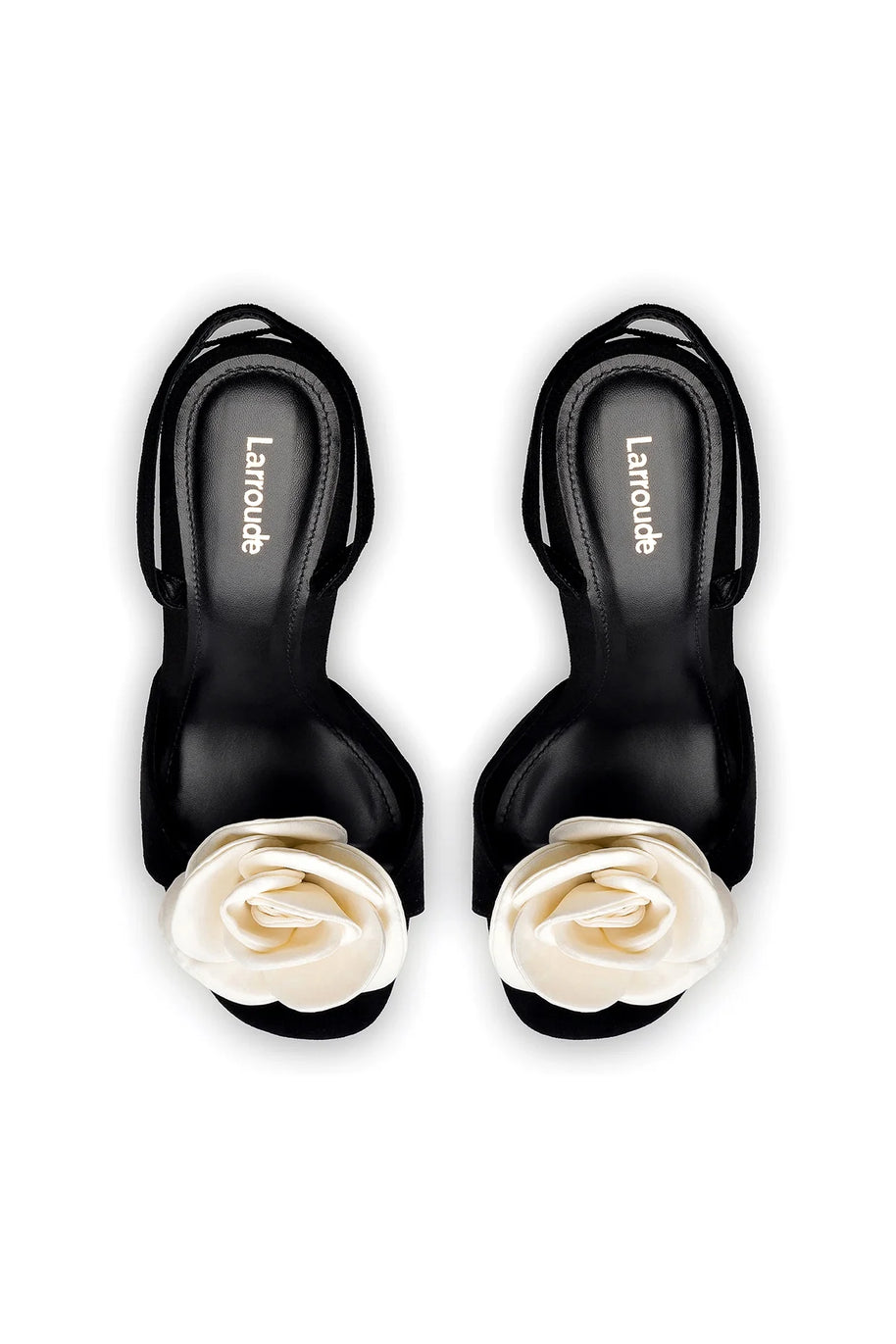Larroude Salma Sandal In Black Suede and Ivory Satin